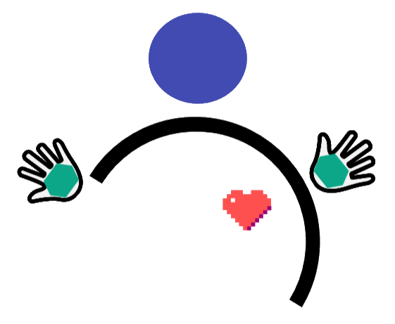 reduzierte Darstellung einer Person mit blau markiertem Kopf, rotem Herz und grünen Händen