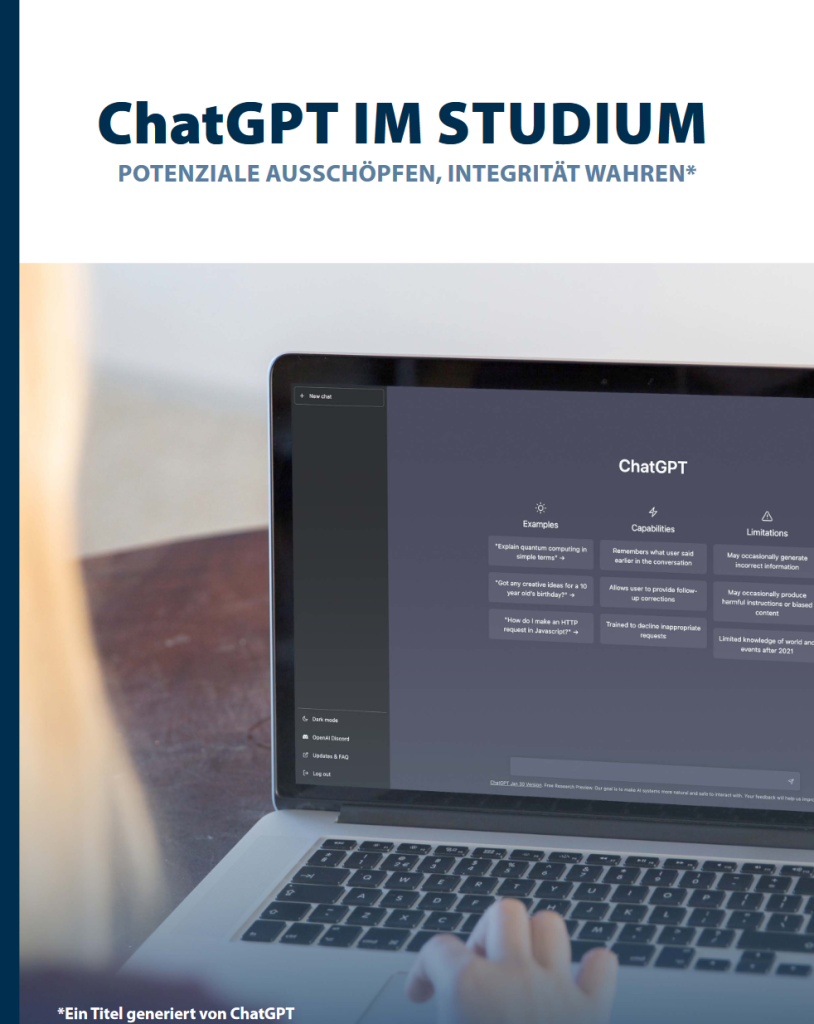 Auf dem Bild ist ein Laptop zu sehen, auf dem der PDF-Leitfaden zum Umgang mit ChatGPT im Studium geöffnet ist. 