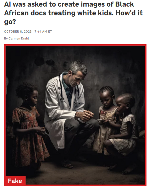 Screenshot des Artikels von Carmen Drahl: "AI was asked to create images of Black African docs treating white kids. How'd it go?"